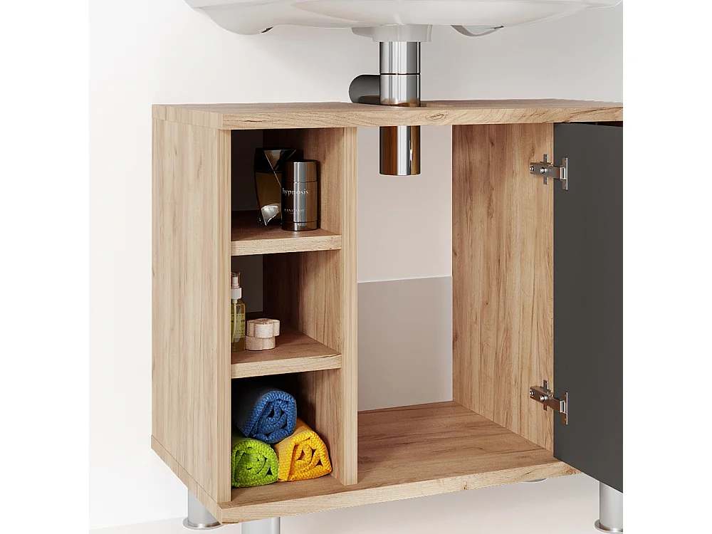 Meuble sous vasque simple anthracite/chêne doré 60x32x54 fynn
