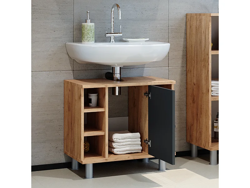 Meuble sous vasque simple anthracite/chêne doré 60x32x54 fynn