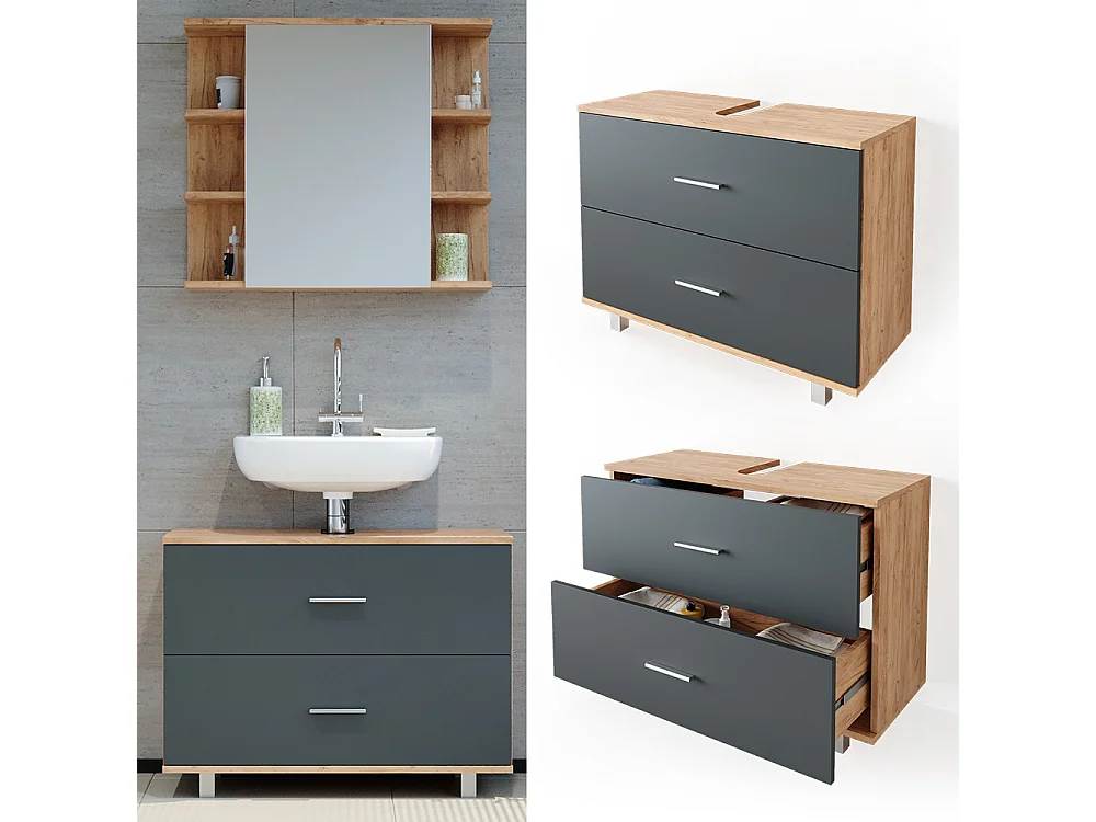 Meuble sous vasque simple anthracite/chêne doré 80x33x60.8 ilias