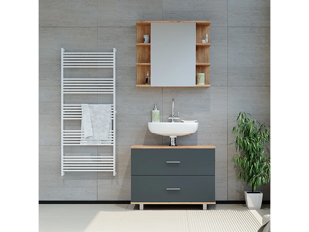 Meuble sous vasque simple anthracite/chêne doré 80x33x60.8 ilias