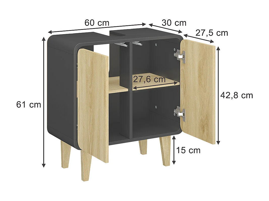 Meuble sous vasque  anthracite/chêne 60x30x61 arla