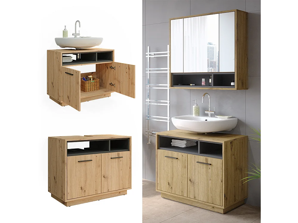 Mobile sottolavabo per bagno rovere artigianale/antracite 80x40x64 beatrice