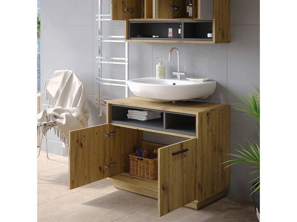 Meuble sous vasque simple chêne artisan/anthracite 80x40x64 beatrice