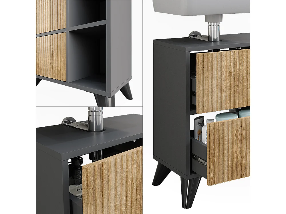 Meuble sous vasque anthracite/chêne de montagne 60x30x62 leano