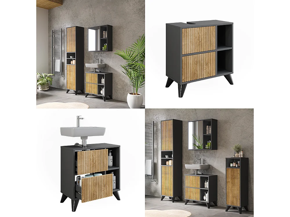 Meuble sous vasque anthracite/chêne de montagne 60x30x62 leano