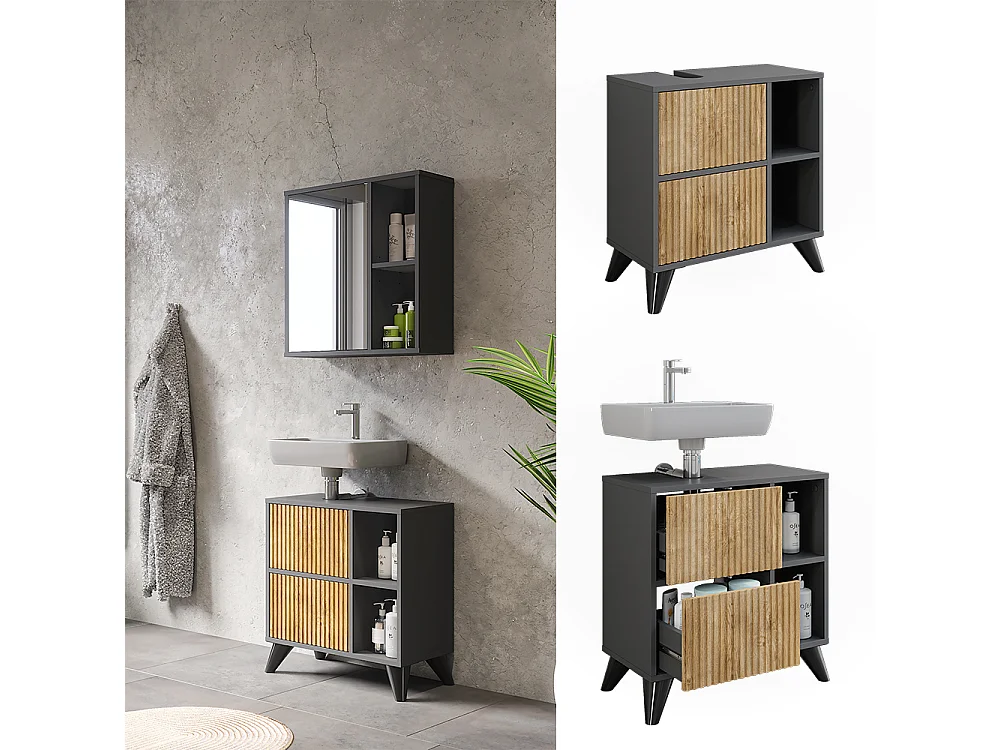 Meuble sous vasque anthracite/chêne de montagne 60x30x62 leano
