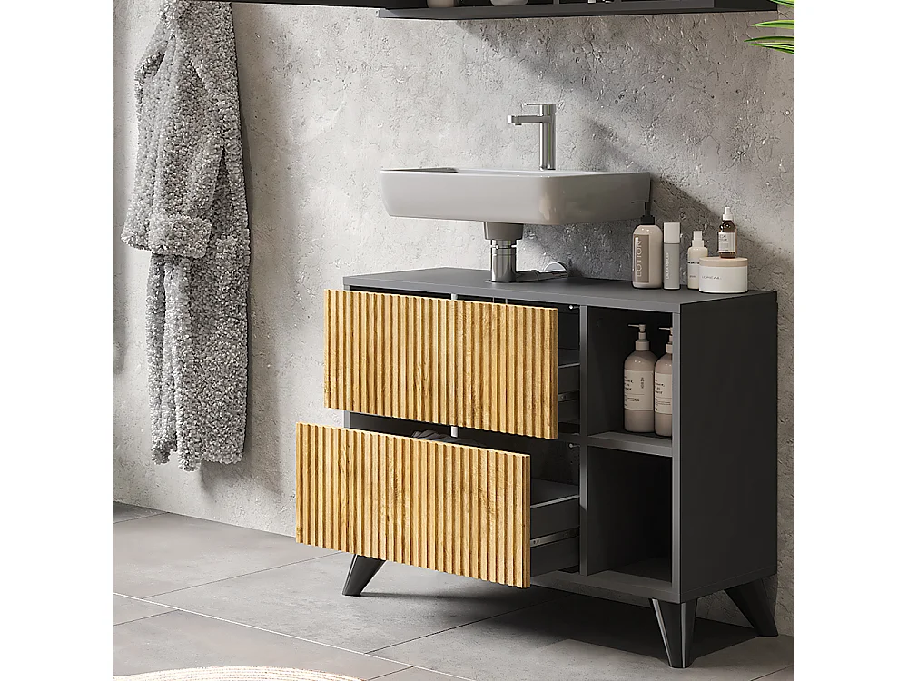 Meuble sous vasque anthracite/chêne de montagne 80x30x62 leano