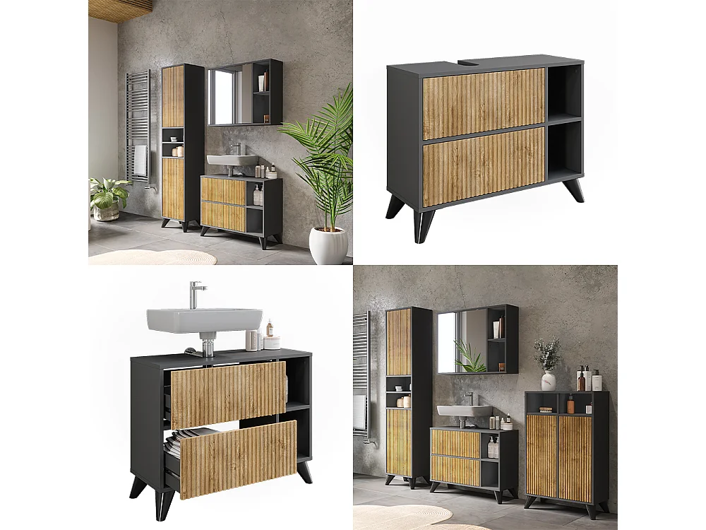 Meuble sous vasque anthracite/chêne de montagne 80x30x62 leano