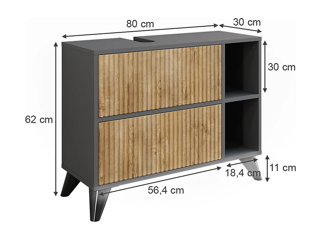 Meuble sous vasque anthracite/chêne de montagne 80x30x62 leano