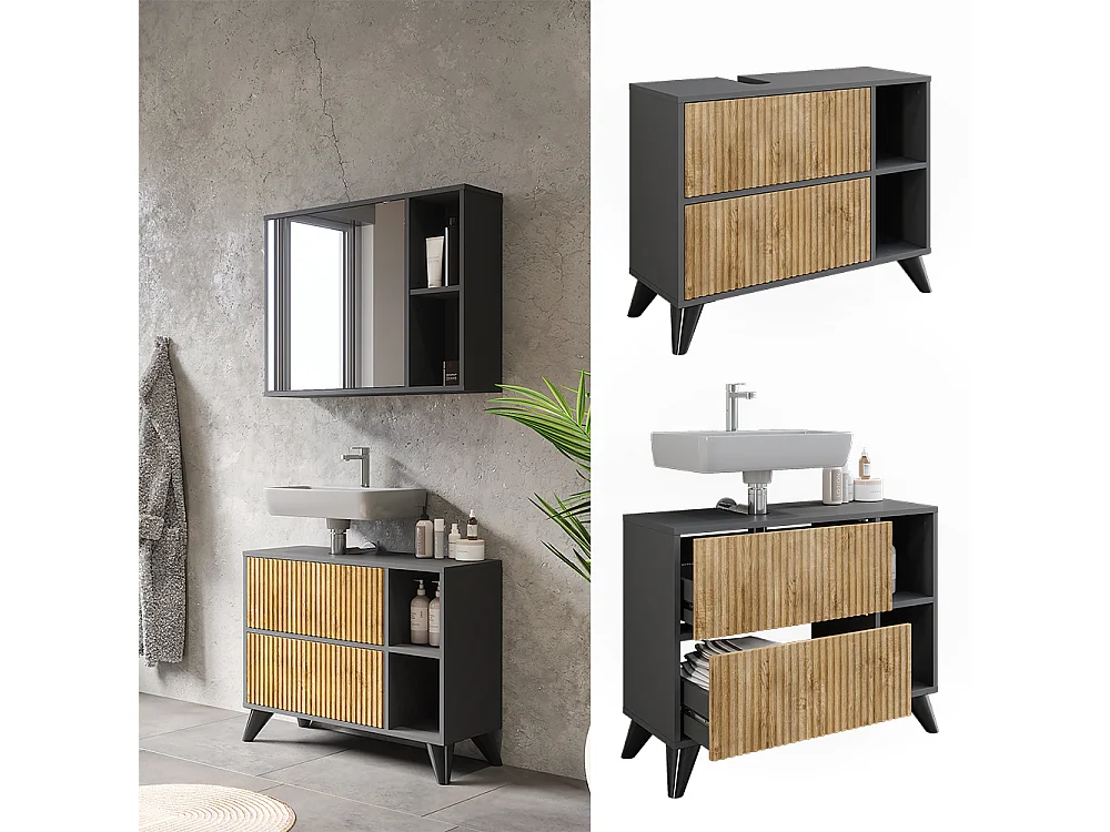 Meuble sous vasque anthracite/chêne de montagne 80x30x62 leano
