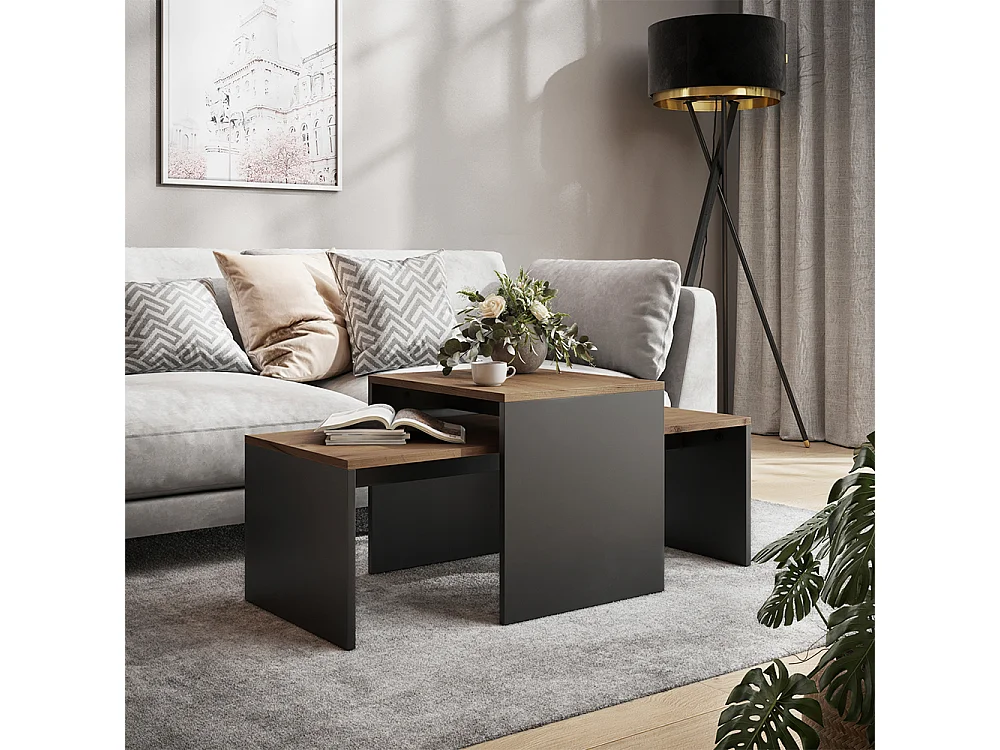 Ensemble de tables basses anthracite/chêne doré 100x48x40.4 donat