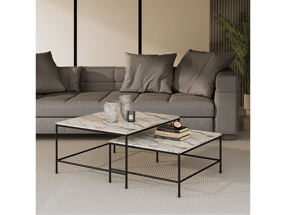 Set de tables basses blanc/noir 80x80x45 ramio