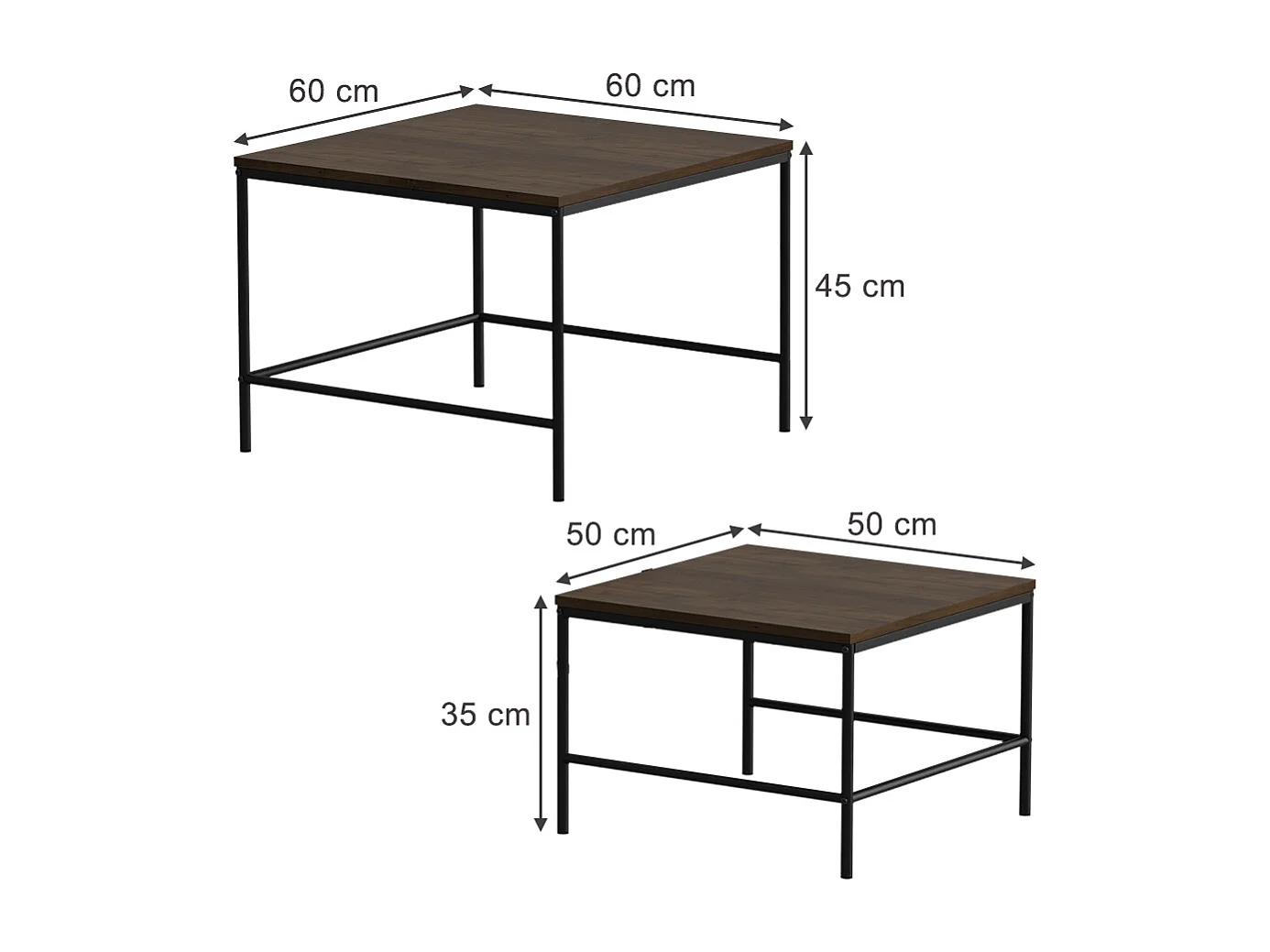 Set de tables basses chêne rustique/noir 60x60x45 ramio