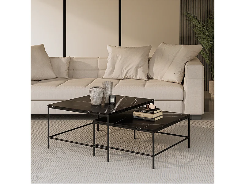 Conjunto de mesa de centro mármore preto 80x80x45 ramio