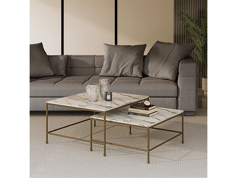 Conjunto de mesa de centro branco/dourado 80x80x45 ramio
