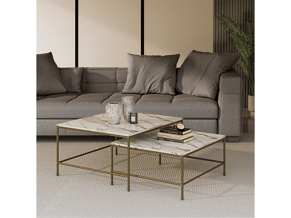 Conjunto de mesa de centro branco/dourado 80x80x45 ramio