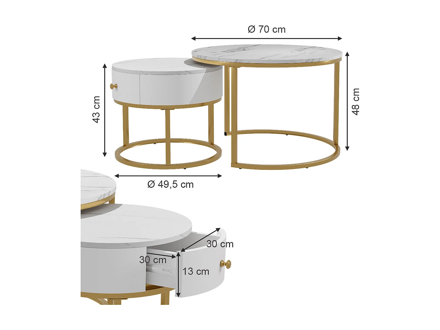 Set di tavolini marmo bianco 70x70x48 madrid