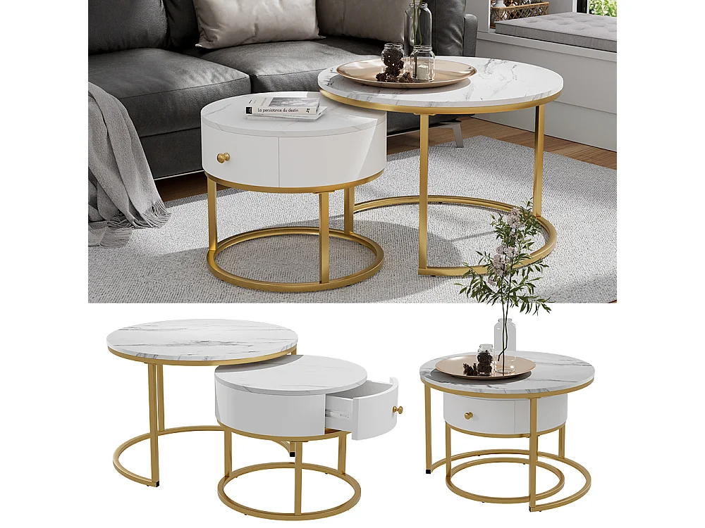 Ensemble de tables basses  marbre blanc 70x70x48 madrid