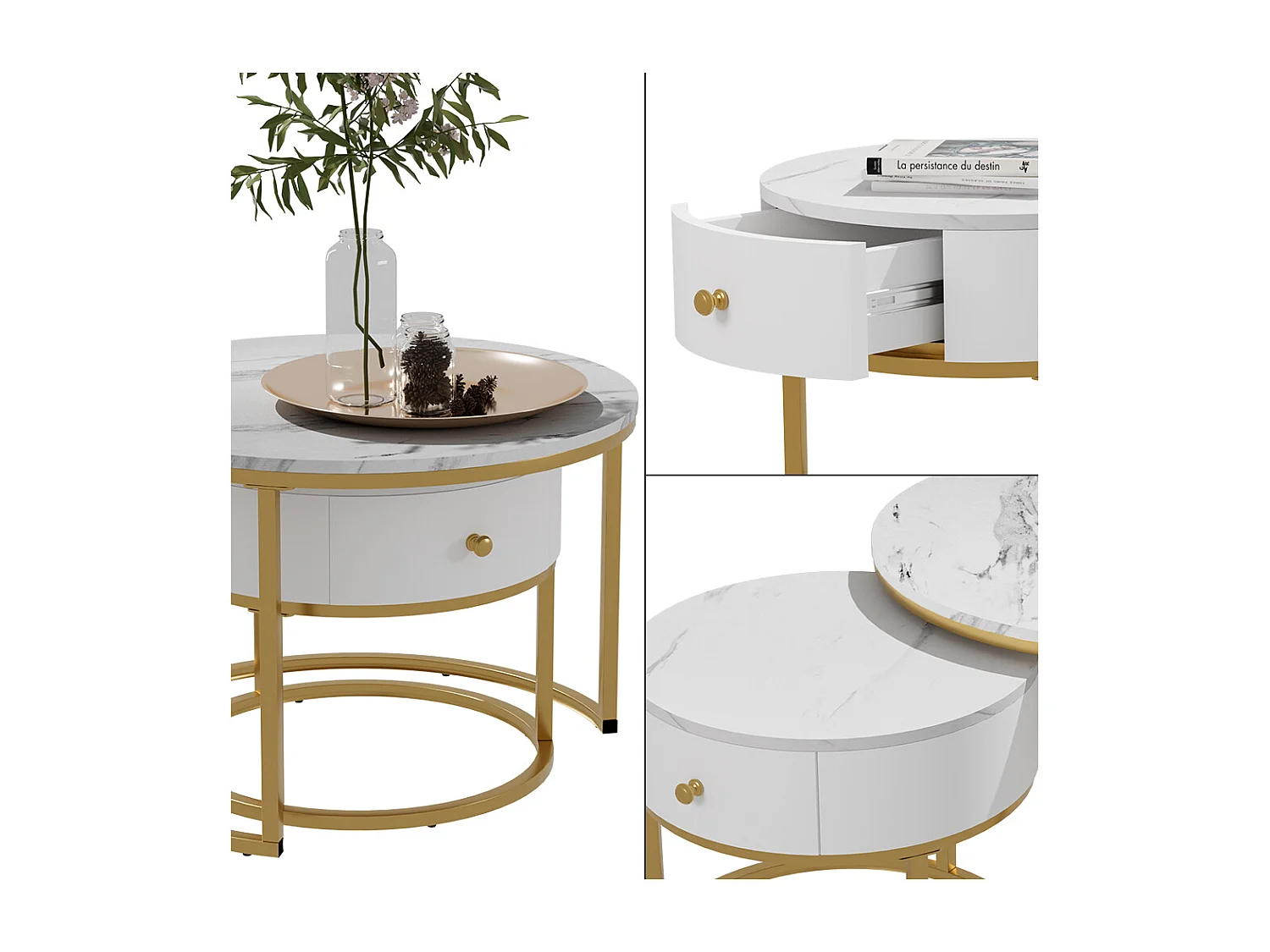 Ensemble de tables basses  marbre blanc 70x70x48 madrid