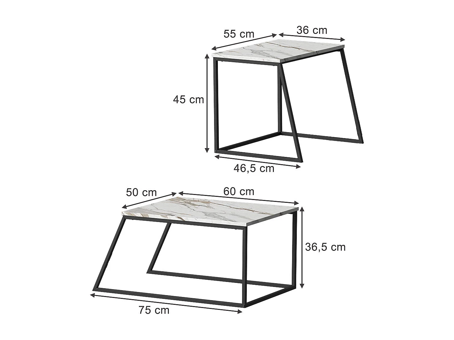 Set de tables basses noir/marbre blanc 60x50x38 myra