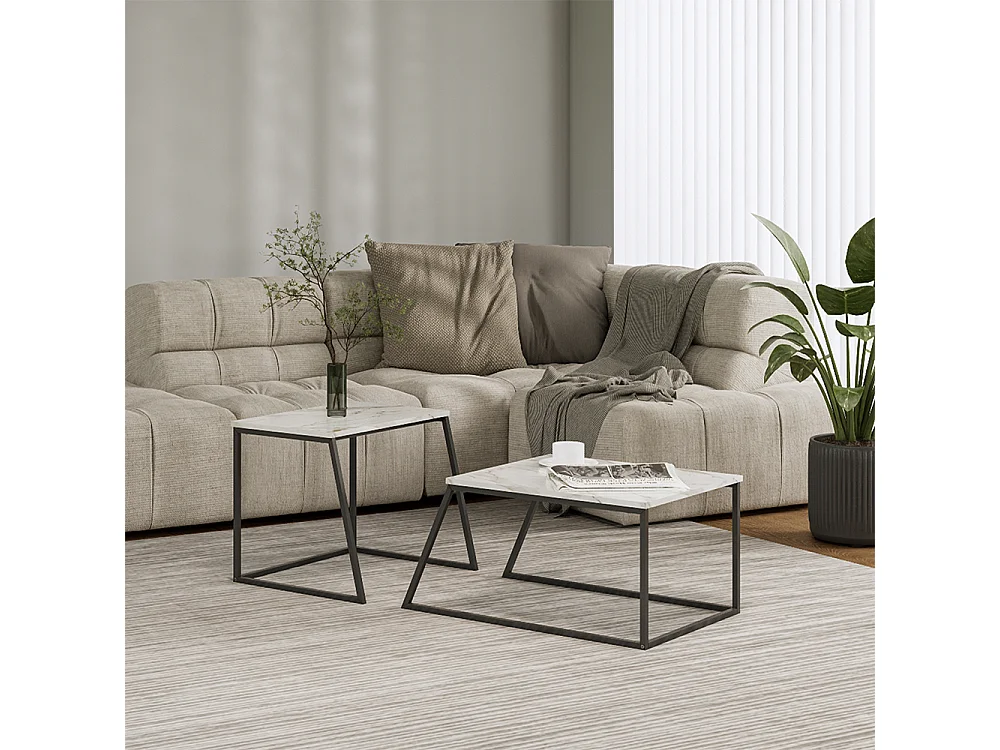 Set de tables basses noir/marbre blanc 60x50x38 myra