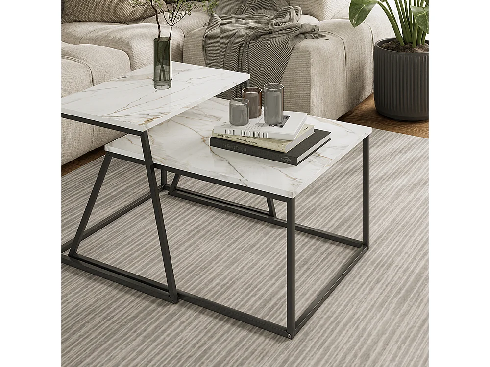 Set de tables basses noir/marbre blanc 60x50x38 myra