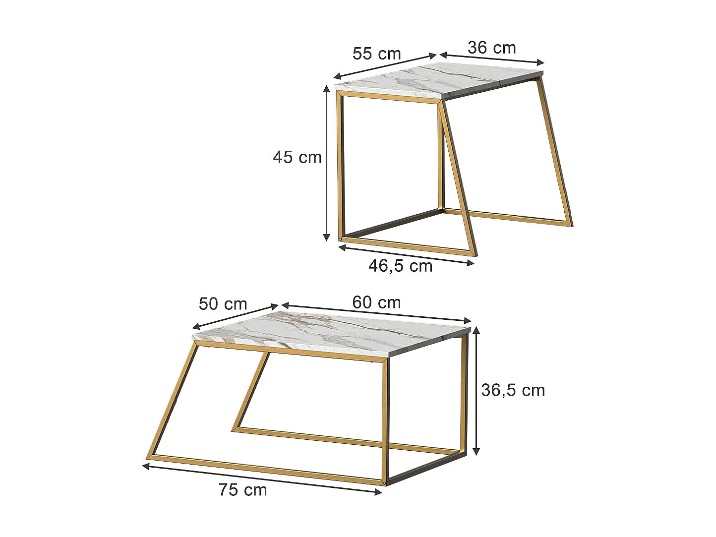 Set de tables basses marbre blanc/or 60x50x38 myra