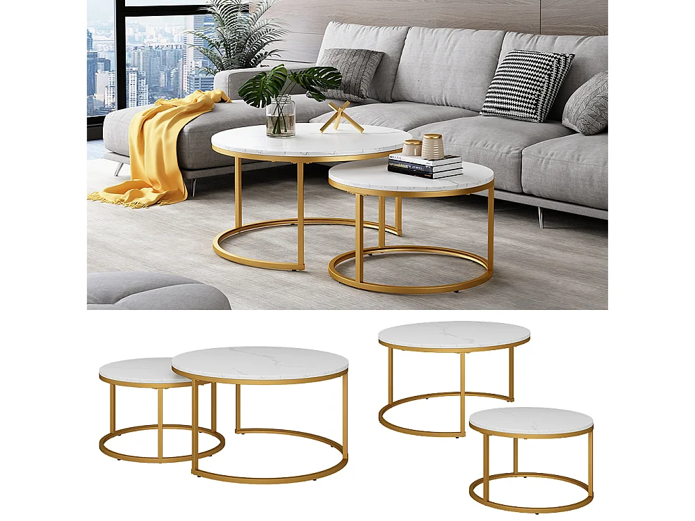 Set de tables basses blanc/or 77x40x40 montreal