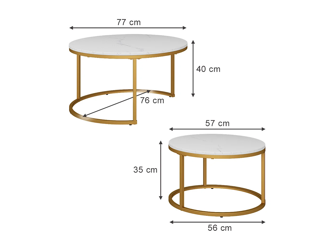 Set de tables basses blanc/or 77x40x40 montreal