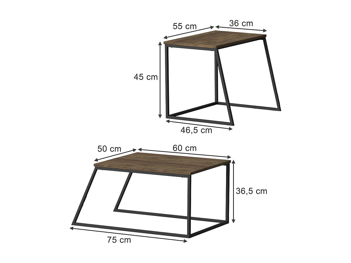 Set de tables basses chêne rustique/noir 60x50x38 myra