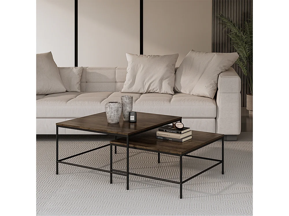 Set de tables basses chêne rustique/noir 80x80x45 ramio