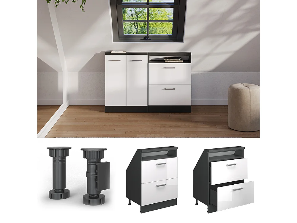 Meuble de rangement sous pente blanc brillant/anthracite 60x46x81.6 rion