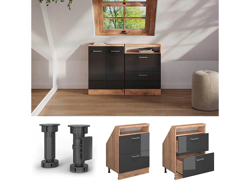 Meuble de rangement sous pente anthracite brillant/chêne doré 60x46x81.6 rion
