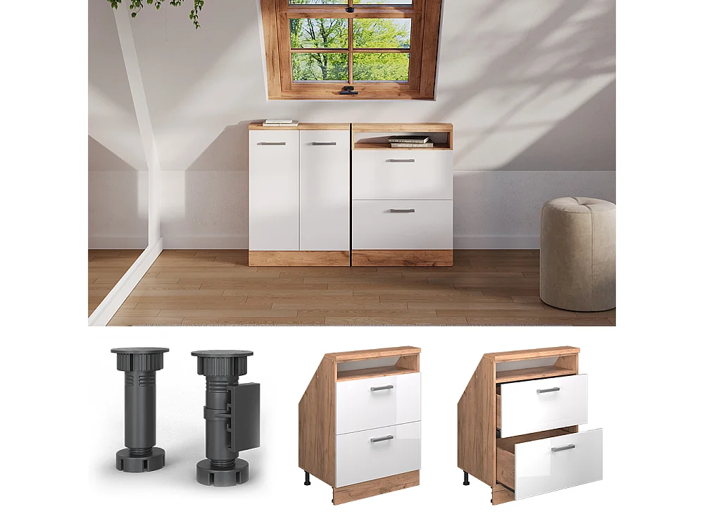 Meuble de rangement sous pente blanc brillant/chêne doré 60x46x81.6 rion