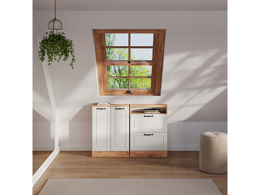 Ensembles de meuble de rangement sous pente blanc campagnard/chêne doré 120x46x81.6 rion