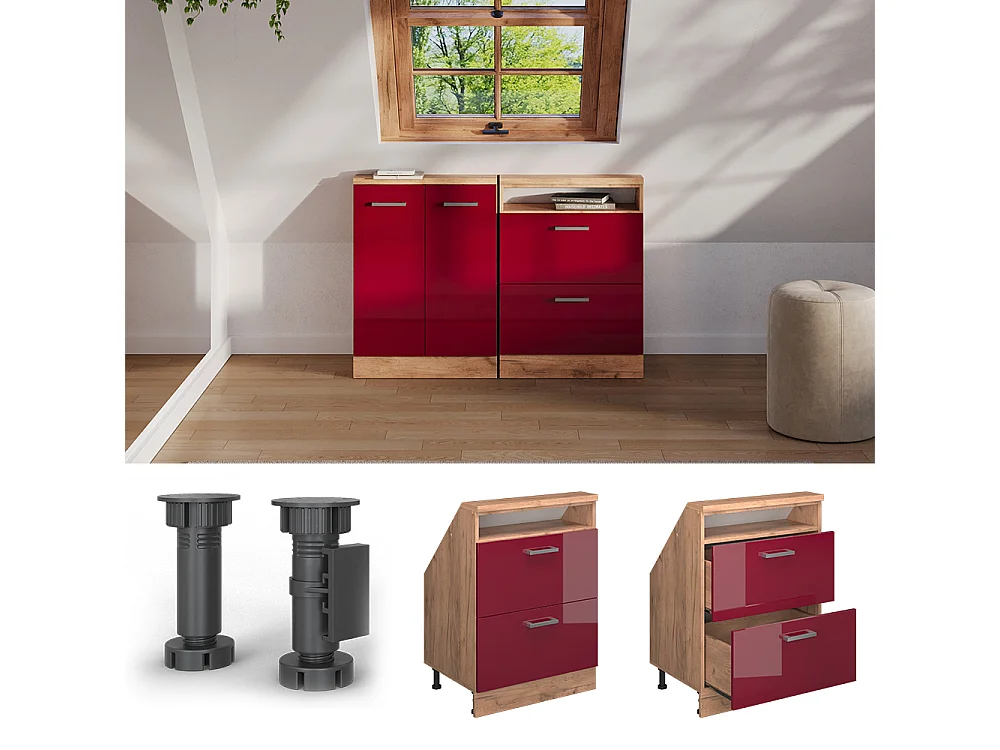 Meuble de rangement sous pente rouge brillant/chêne doré 60x46x81.6 rion