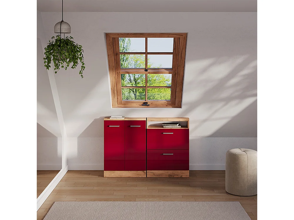 Meuble de rangement sous pente rouge brillant/chêne doré 60x46x81.6 rion