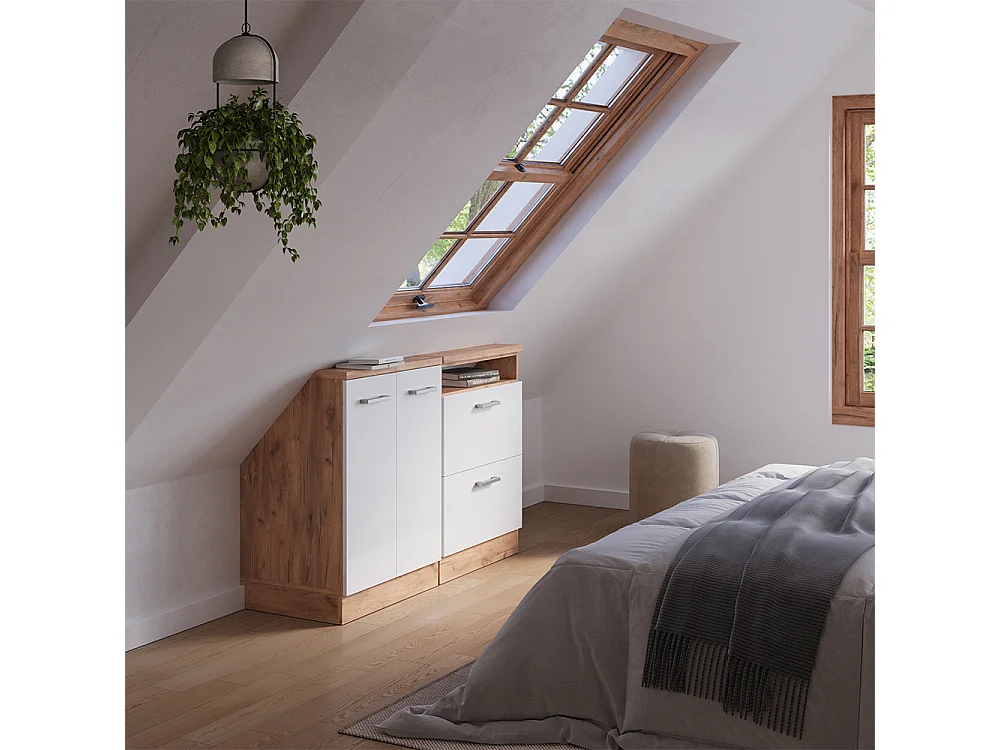 Ensembles de meuble de rangement sous pente blanc brillant/chêne doré 120x46x81.6 rion