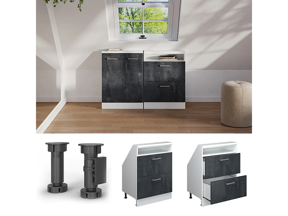 Meuble de rangement sous pente noir béton/blanc 60x46x81.6 rion