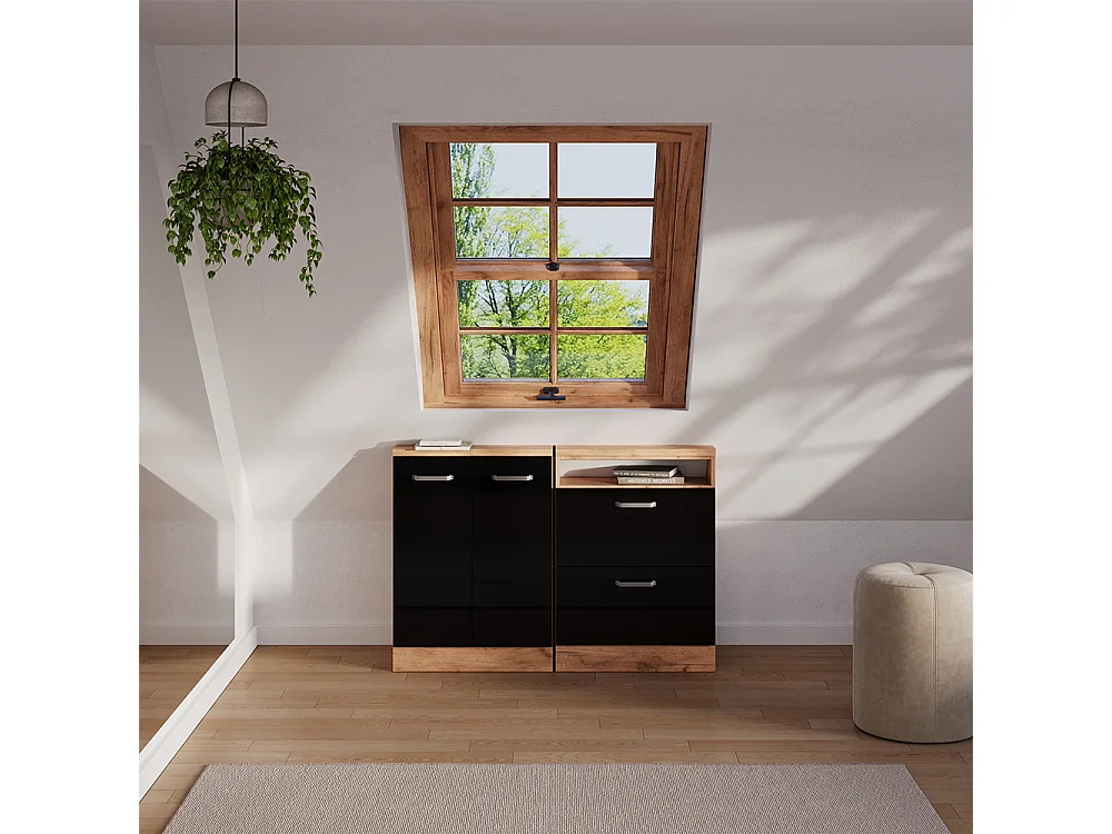 Ensembles de meuble de rangement sous pente noir brillant/chêne doré 120x46x81.6 rion