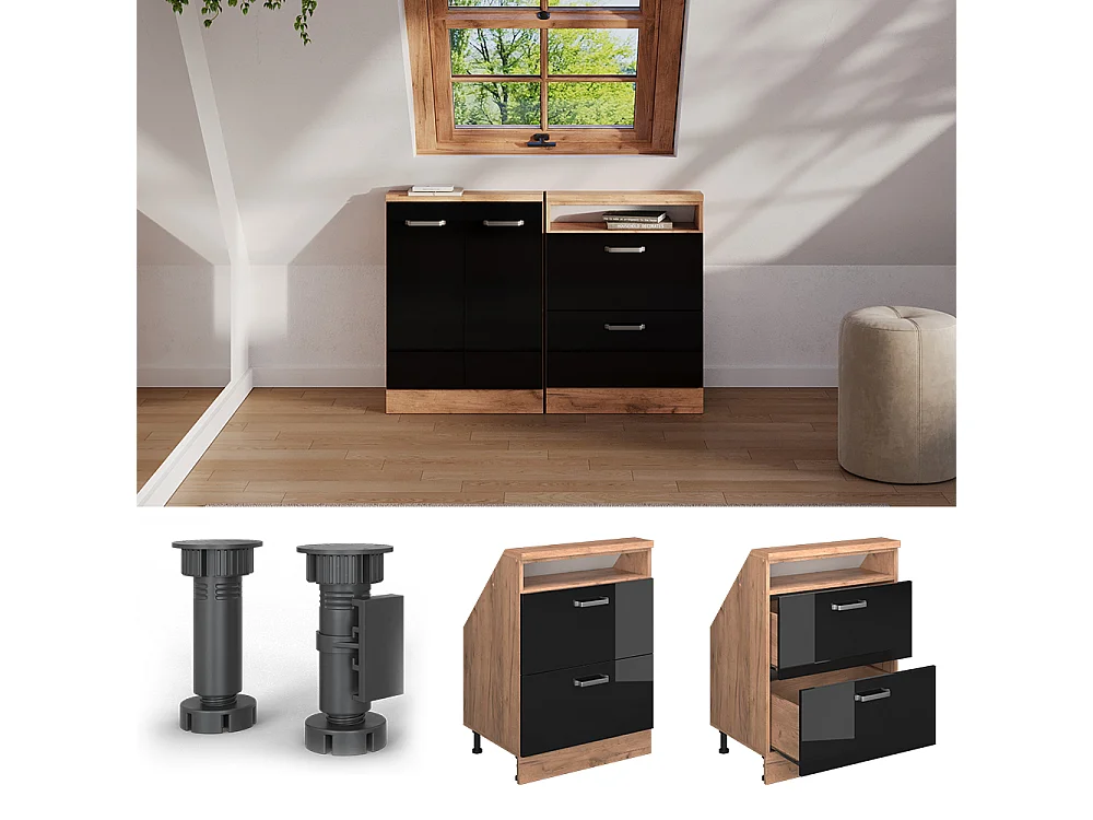 Meuble de rangement sous pente noir brillant/chêne doré 60x46x81.6 rion