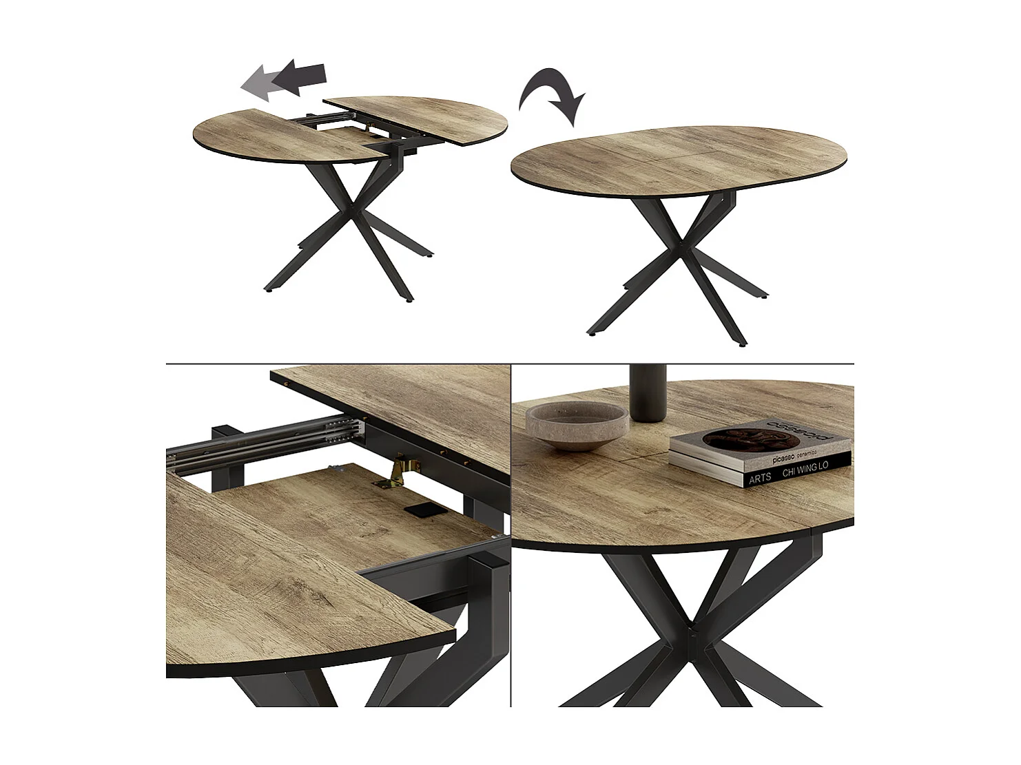 Table de salle à manger noir/chêne rustique 120x120x76.5 loyd