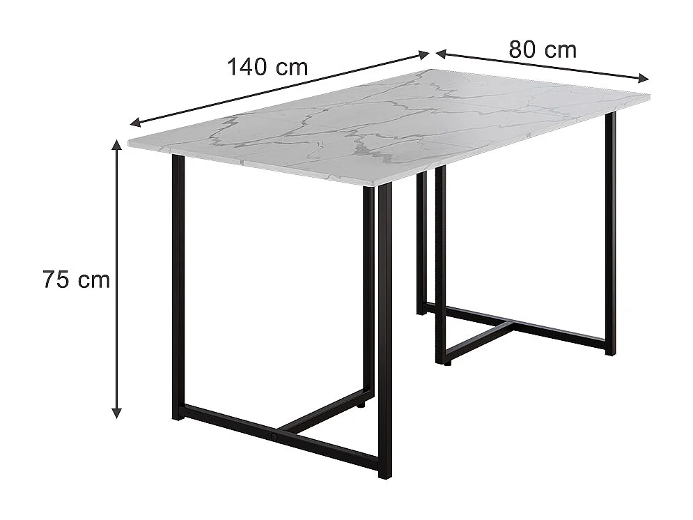 Table de salle à manger noir/marbre blanc 140x80x75 merido