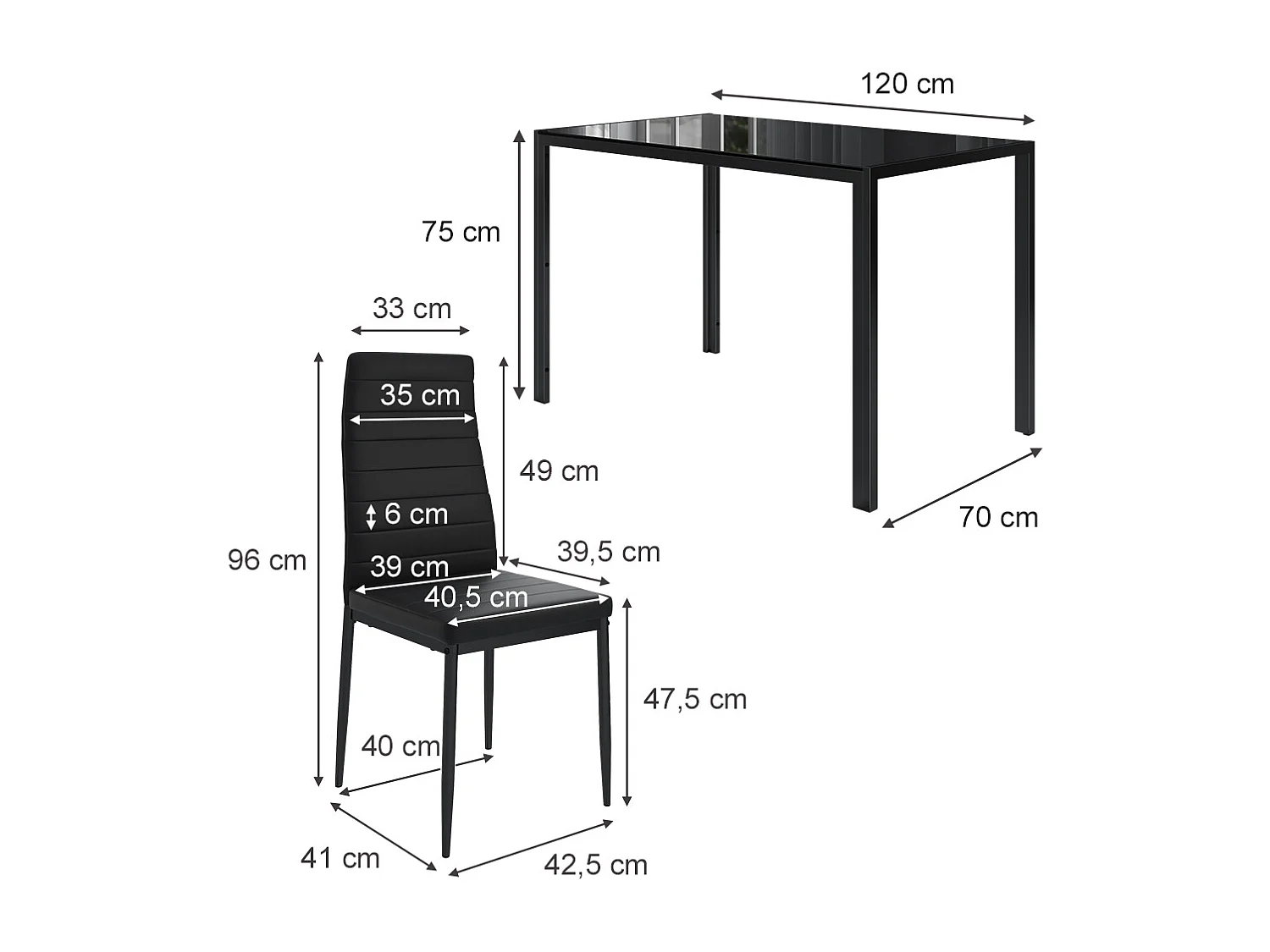 Ensemble de table à manger noir 120x75x70 grand