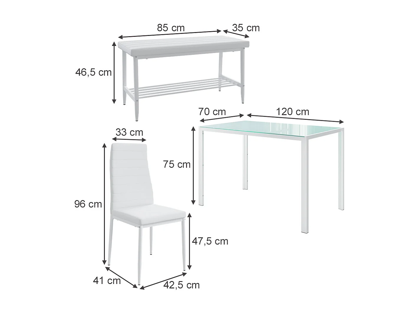 Ensemble de table à manger blanc 120x70x75 grand