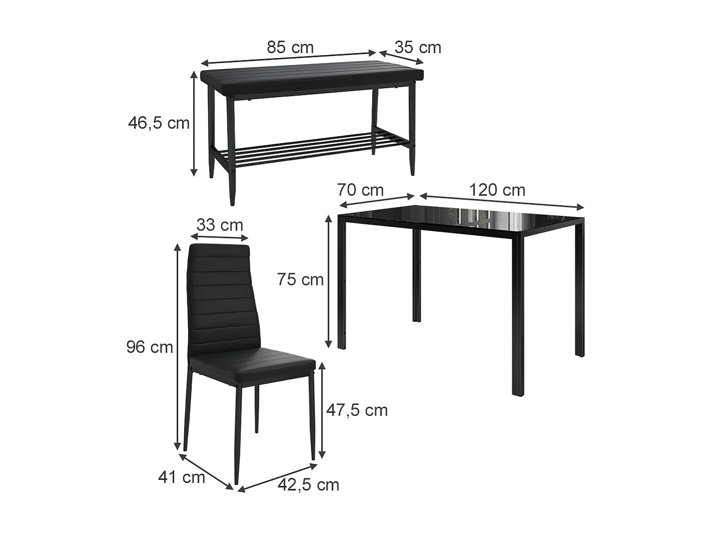 Ensemble de table à manger noir 120x70x75 grand