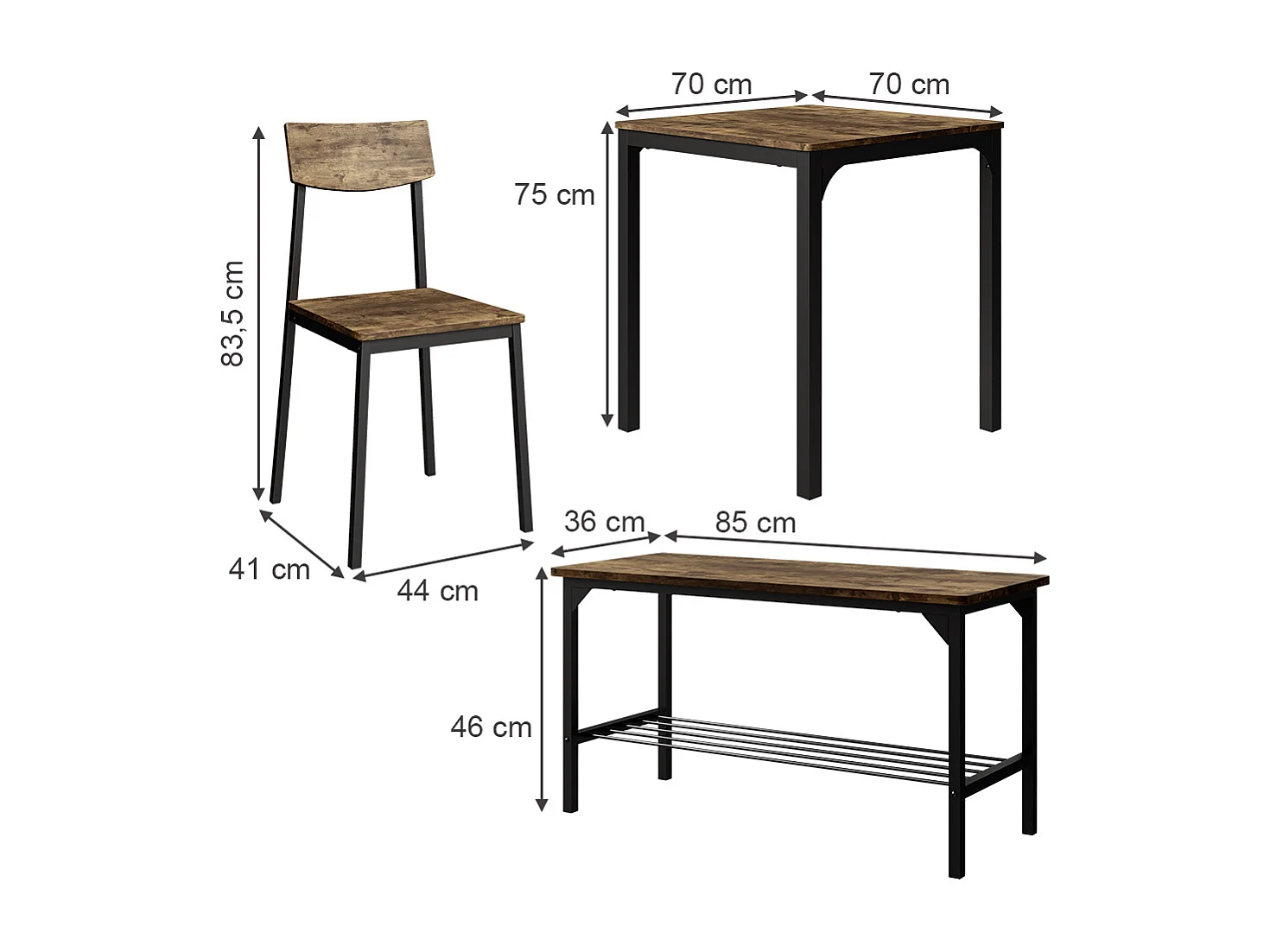 Spisebordssæt sort/eg rustik 70x70x75 fyrk