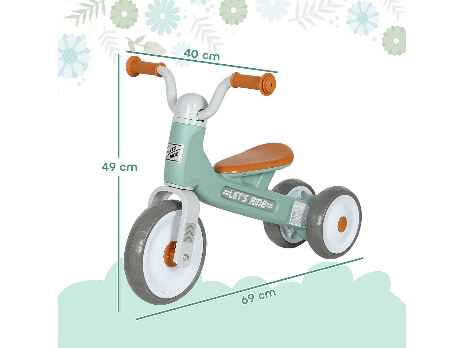 Draisienne 3 roues enfant 12-36 mois pneu EVA silencieux grande selle métal vert d'eau