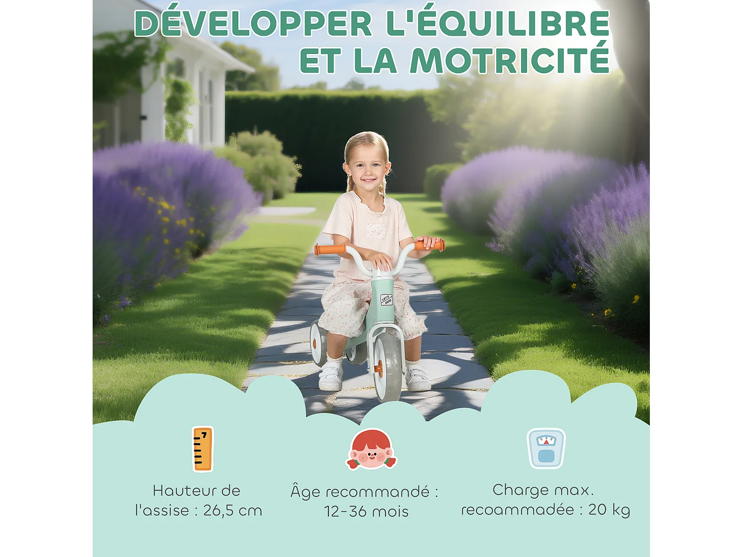 Draisienne 3 roues enfant 12-36 mois pneu EVA silencieux grande selle métal vert d'eau