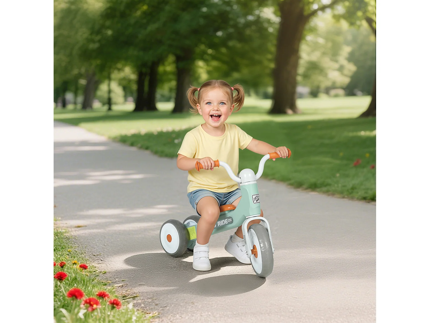 Draisienne 3 roues enfant 12-36 mois pneu EVA silencieux grande selle métal vert d'eau